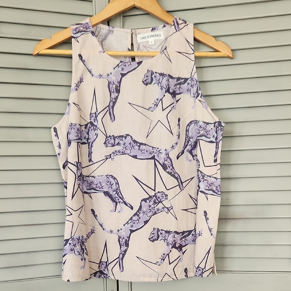 Las Surenas Star Leopard Cat Sleeveless Cotton Linen Blend Top